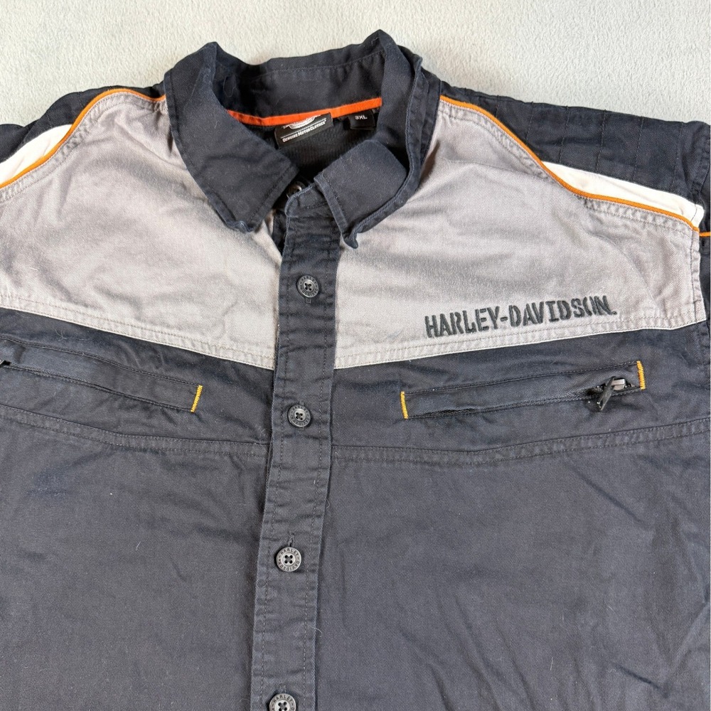 Harley-Davidson Mens 3XL Colorblock Button Up Garage Shirt Black Grey Orange - Picture 7 of 13